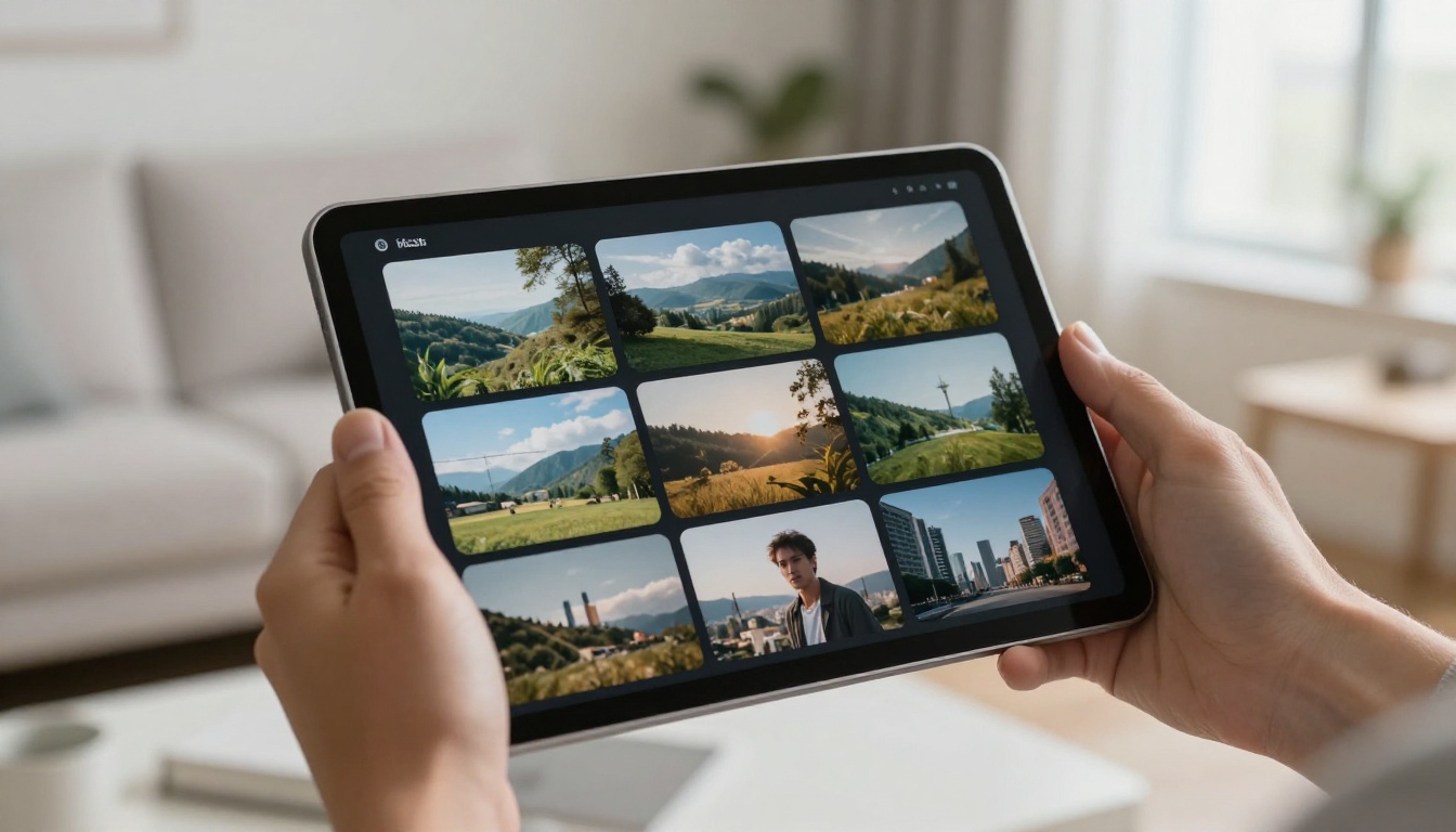 Person holding tablet with AI video thumbnail gallery, modern living room Person holding tablet with AI video thumbnail gallery, modern living room