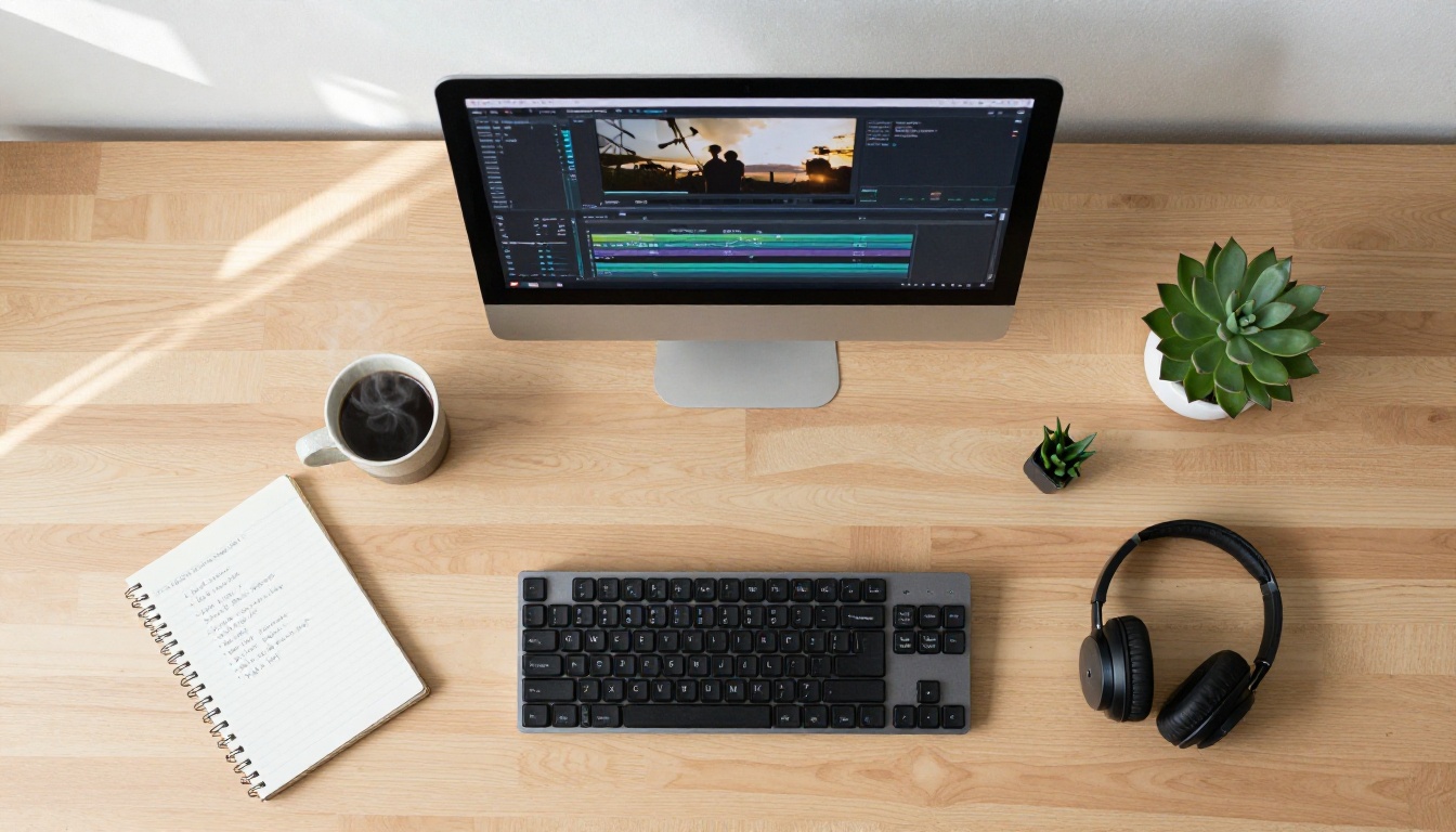 Aerial flat lay of creative workstation with MacBook, notebook, and coffee Aerial flat lay of creative workstation with MacBook, notebook, and coffee