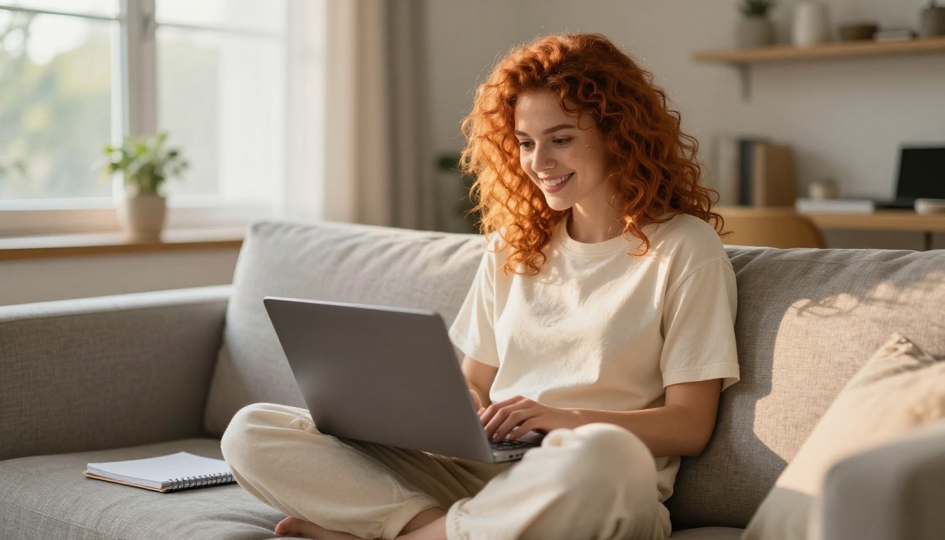 Young woman sitting on sofa with laptop, engaged and smiling, warm afternoon light Young woman sitting on sofa with laptop, engaged and smiling, warm afternoon light