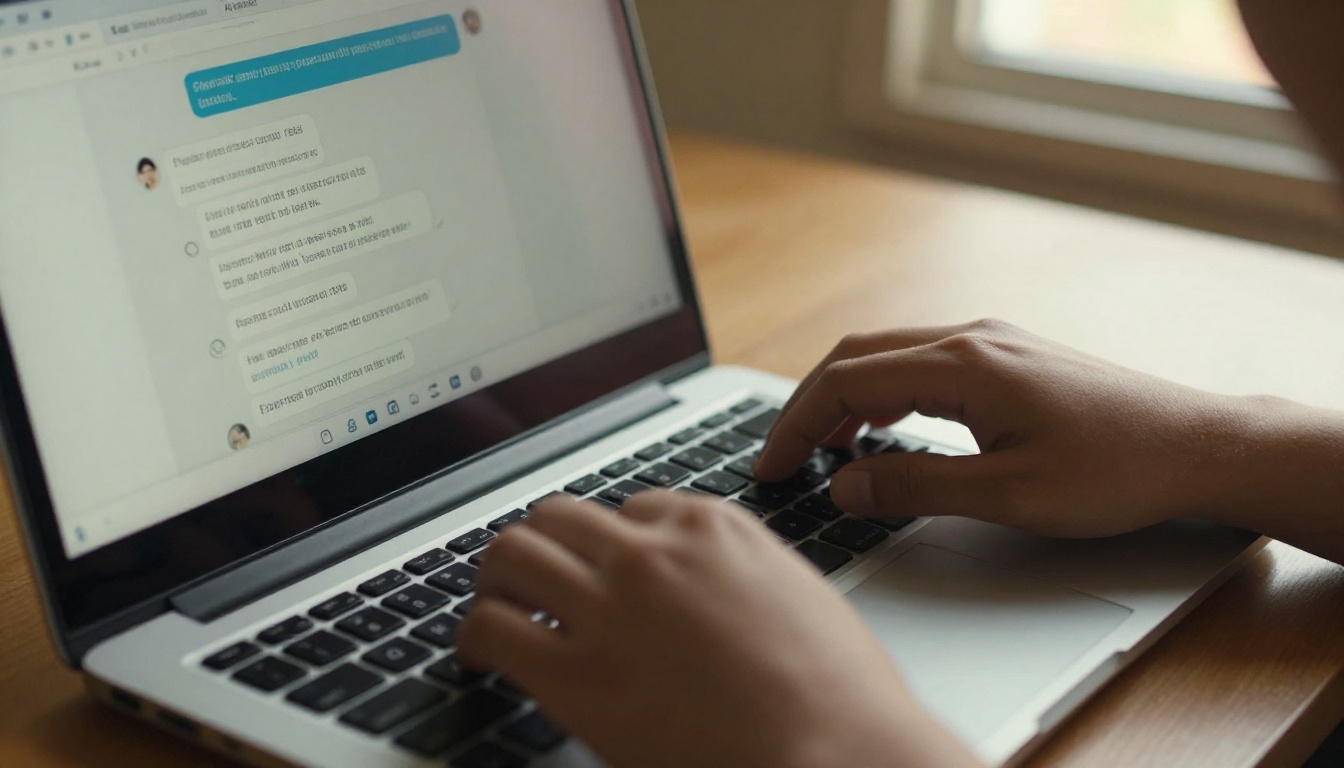 Close-up of a student's hands typing on a laptop with an AI chatbot interface on screen