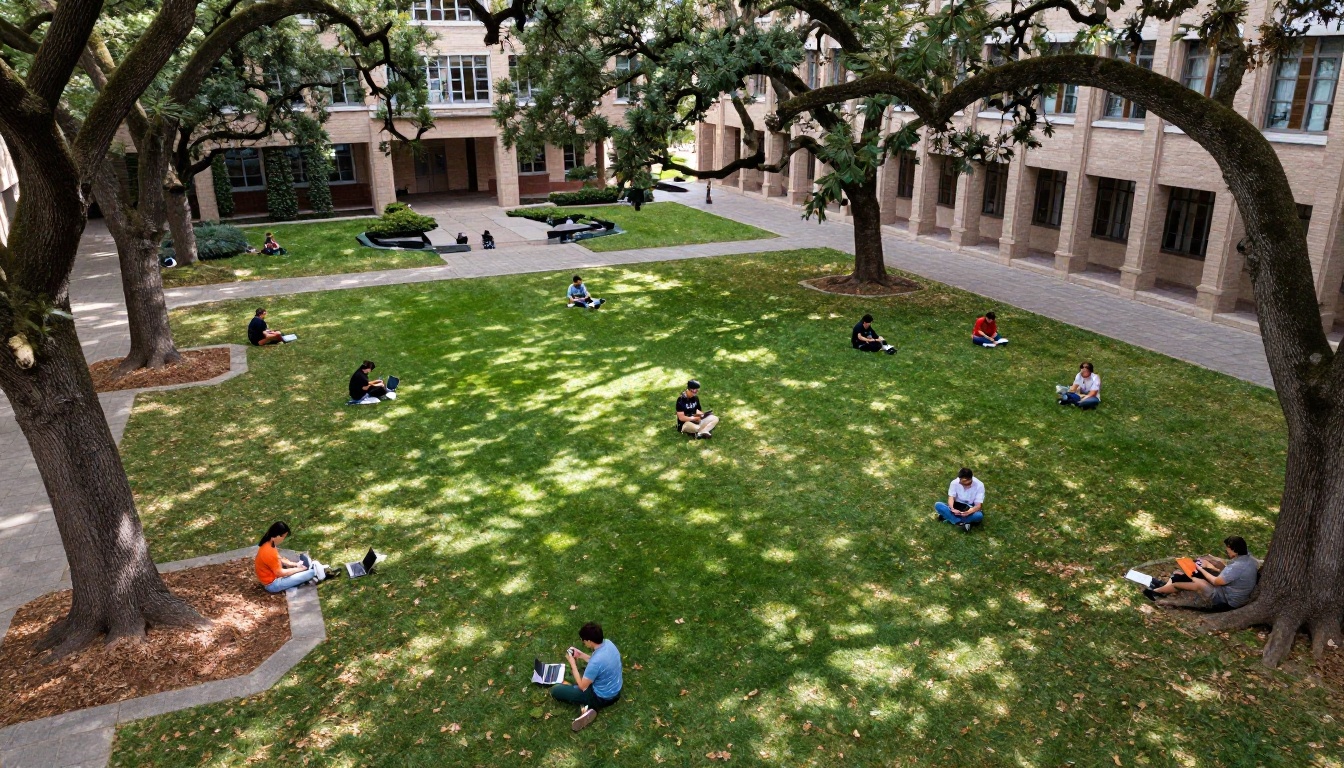 Students spread across a university campus courtyard working on laptops and phones