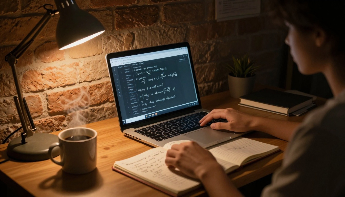 Student working late in a dorm room with a single desk lamp and a laptop showing a writing interface