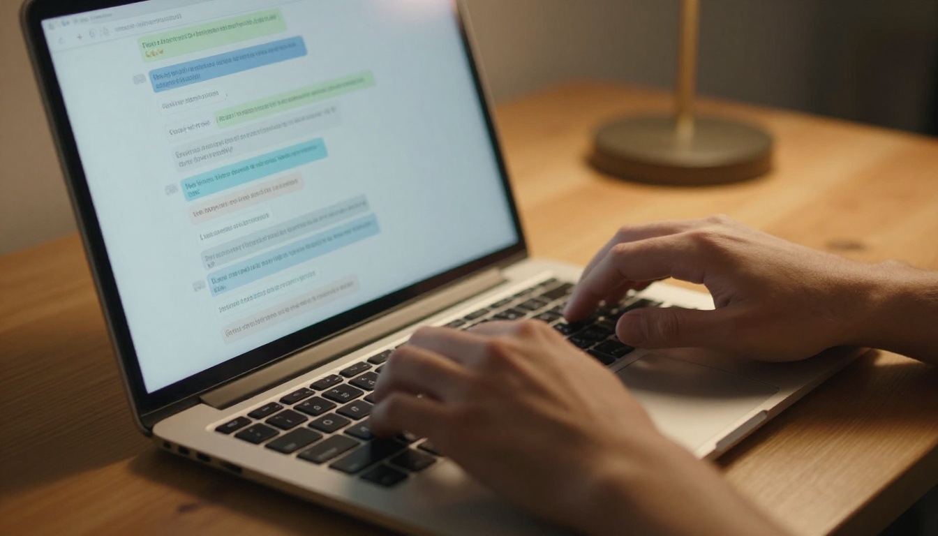 Close-up of hands typing on a thin laptop keyboard with an AI conversation visible on screen, warm desk lamp