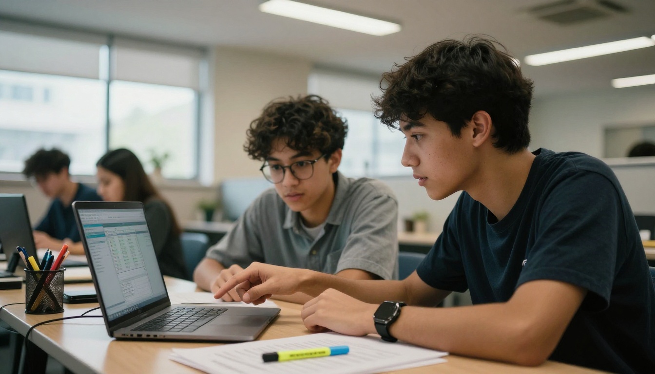 Two students collaborating at a desk pointing at a laptop screen showing data visualizations