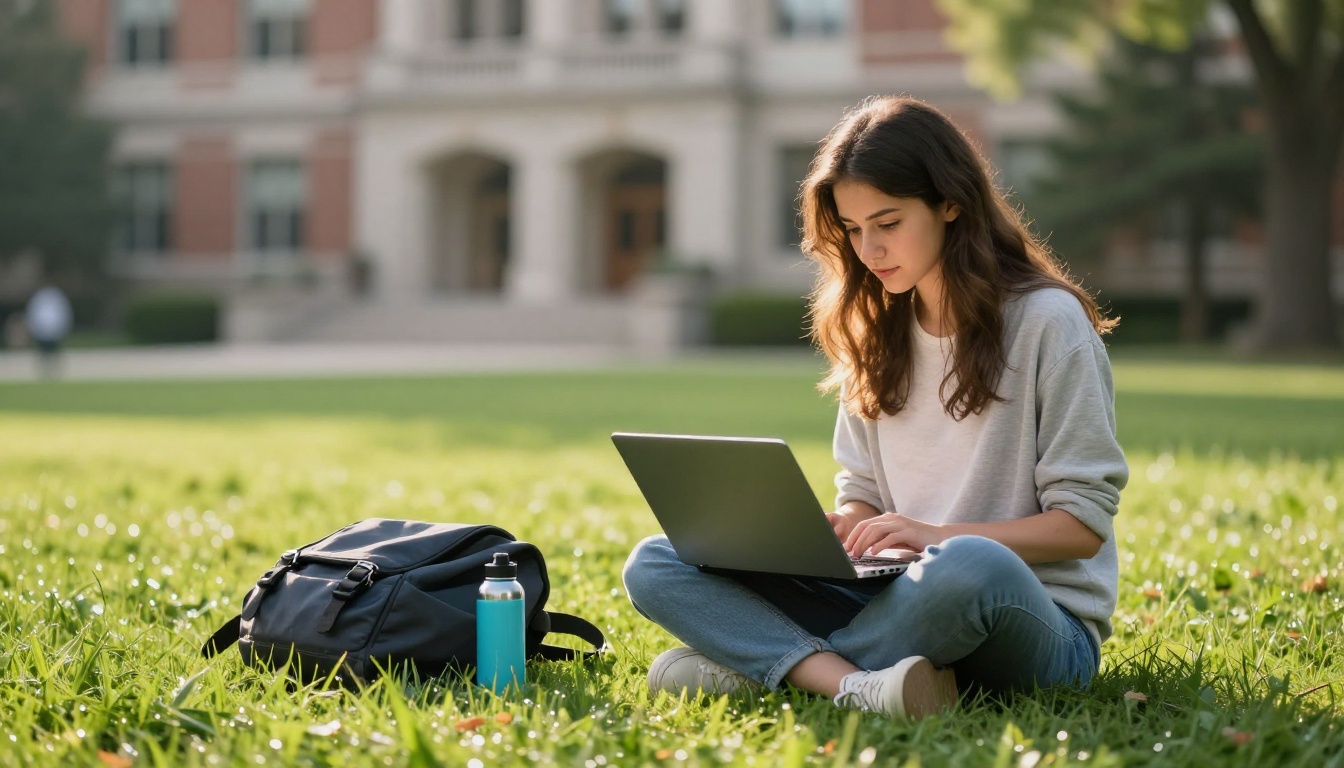 Female student sitting on the university lawn working on a laptop with natural daylight