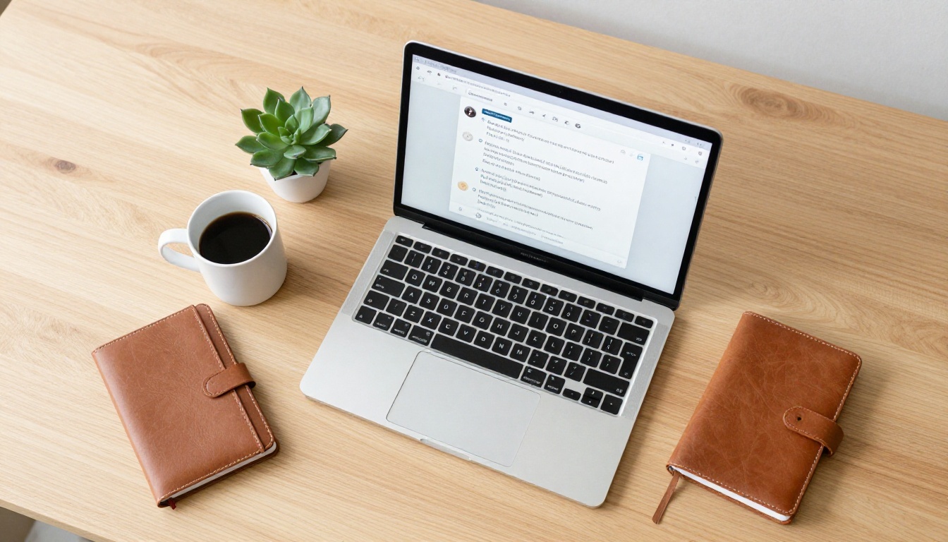 Aerial top-down view of a laptop with an AI chat interface on a minimalist wooden desk beside coffee and a notebook
