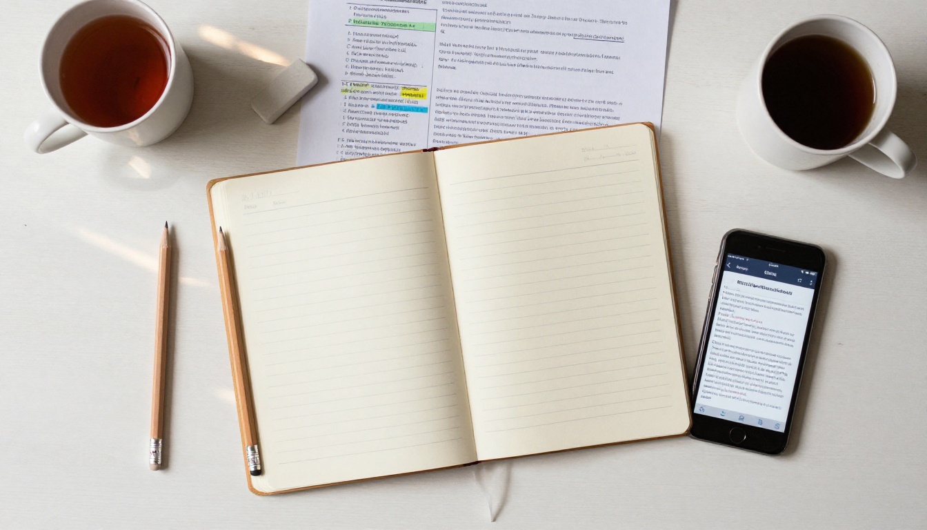 Flat lay overhead shot of a student's desk with notebook, research paper, smartphone, and tea Flat lay overhead shot of a student's desk with notebook, research paper, smartphone, and tea