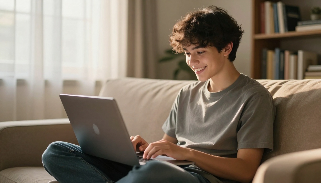 A young student smiling at a laptop while using an AI chatbot, cozy living room with afternoon sunlight