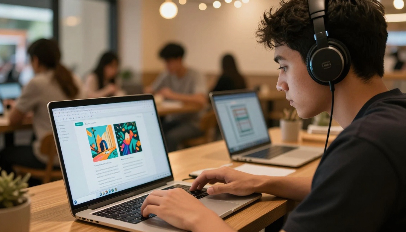 Male student with headphones in a campus cafe with AI image generation tool on laptop screen Male student with headphones in a campus cafe with AI image generation tool on laptop screen
