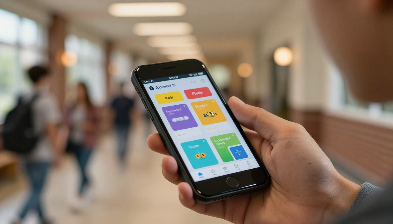 Student's hand holding a smartphone showing AI flashcard app in a campus hallway Student's hand holding a smartphone showing AI flashcard app in a campus hallway