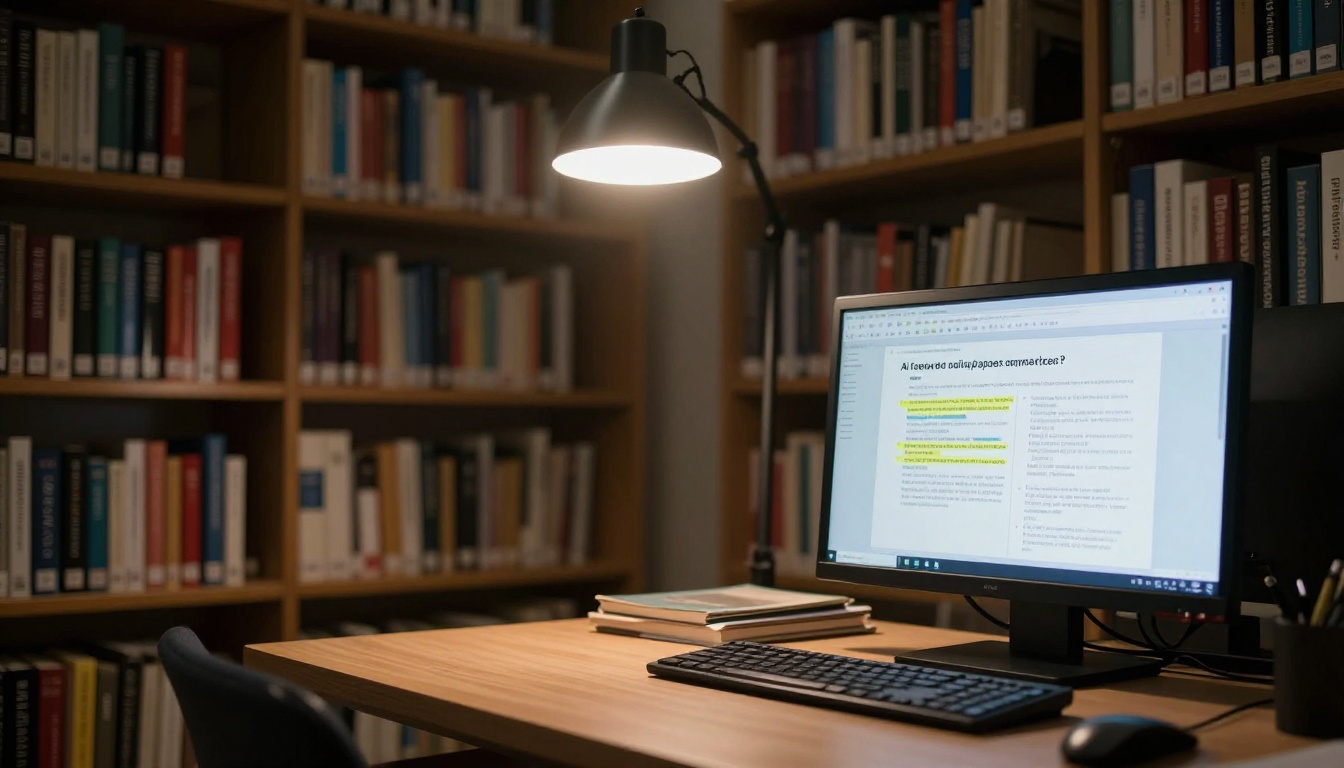 Student in a university library research room with AI paper summarizer on screen Student in a university library research room with AI paper summarizer on screen