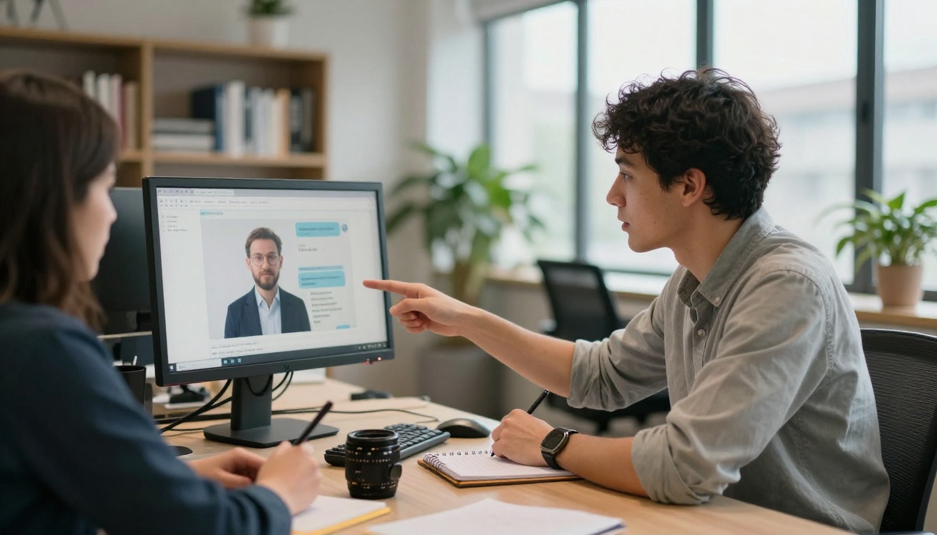 Two colleagues reviewing AI chatbot responses at a shared office desk in a bright open-plan workspace