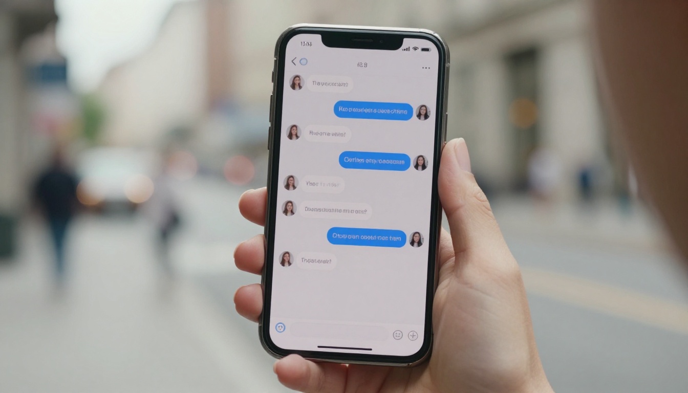 A woman holding a smartphone showing an AI chat conversation outdoors, soft city background bokeh A woman holding a smartphone showing an AI chat conversation outdoors, soft city background bokeh
