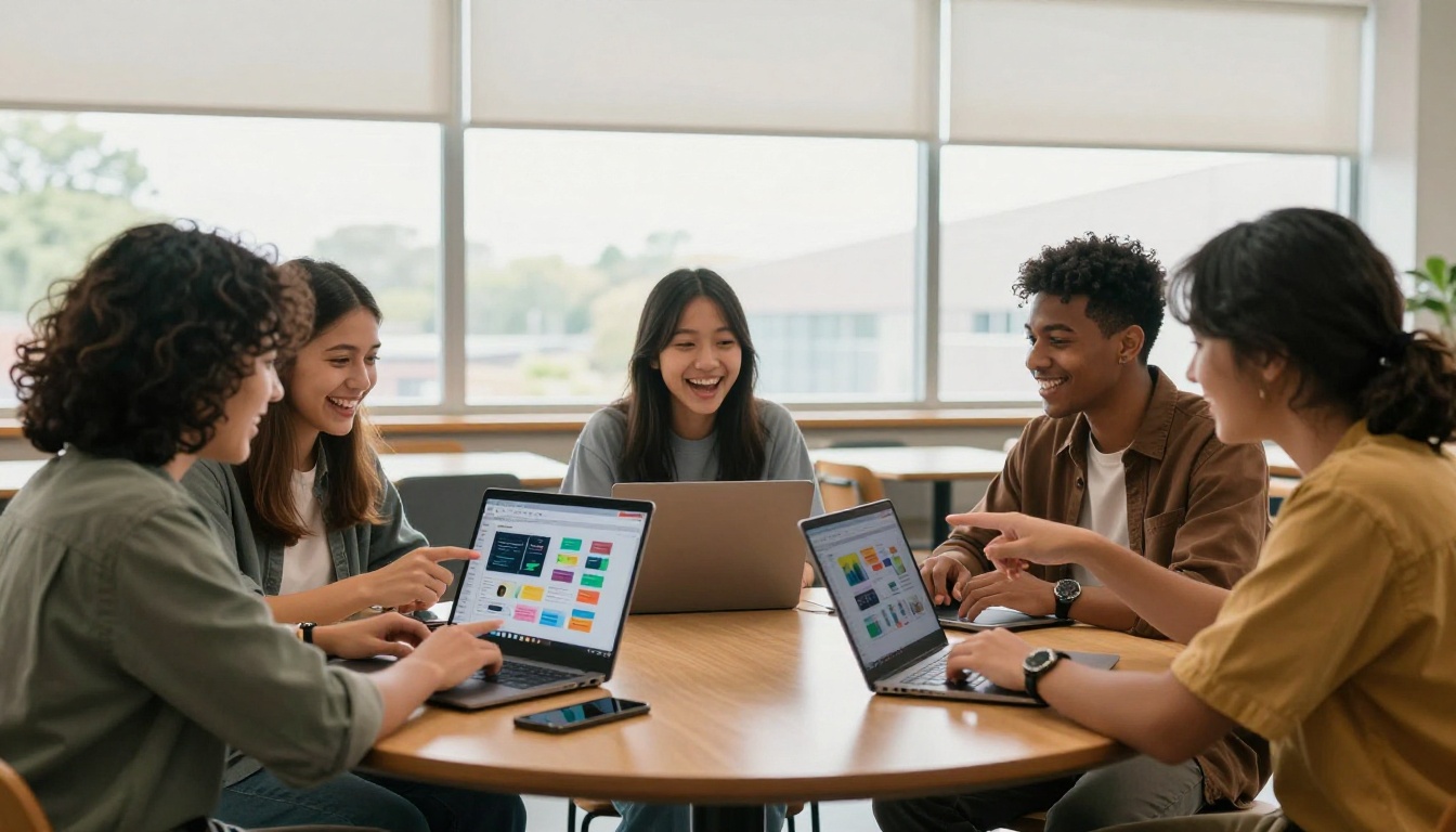Three diverse students laughing together in a bright study lounge around a laptop showing AI presentation slides Three diverse students laughing together in a bright study lounge around a laptop showing AI presentation slides