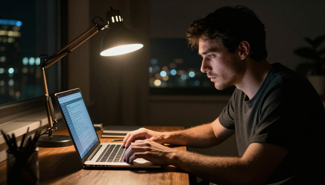 A man working late at night with an AI chatbot open on his laptop, chiaroscuro lamp and screen lighting