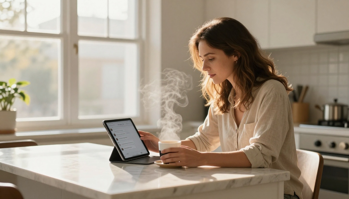 A woman with a tablet showing an AI chat interface in a bright modern kitchen during morning light A woman with a tablet showing an AI chat interface in a bright modern kitchen during morning light