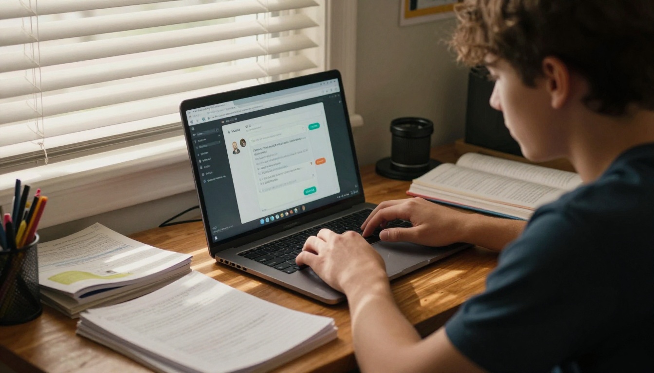 A teenager studying at a bedroom desk with a laptop AI chatbot open, warm late afternoon light through blinds A teenager studying at a bedroom desk with a laptop AI chatbot open, warm late afternoon light through blinds