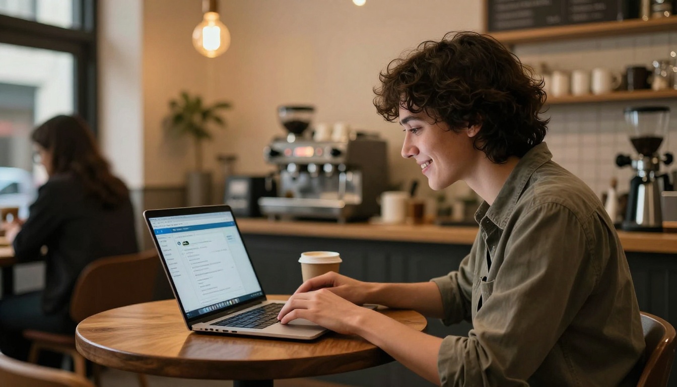 A freelancer using a laptop in a warm coffee shop with Edison bulb lighting and blurred background patrons A freelancer using a laptop in a warm coffee shop with Edison bulb lighting and blurred background patrons