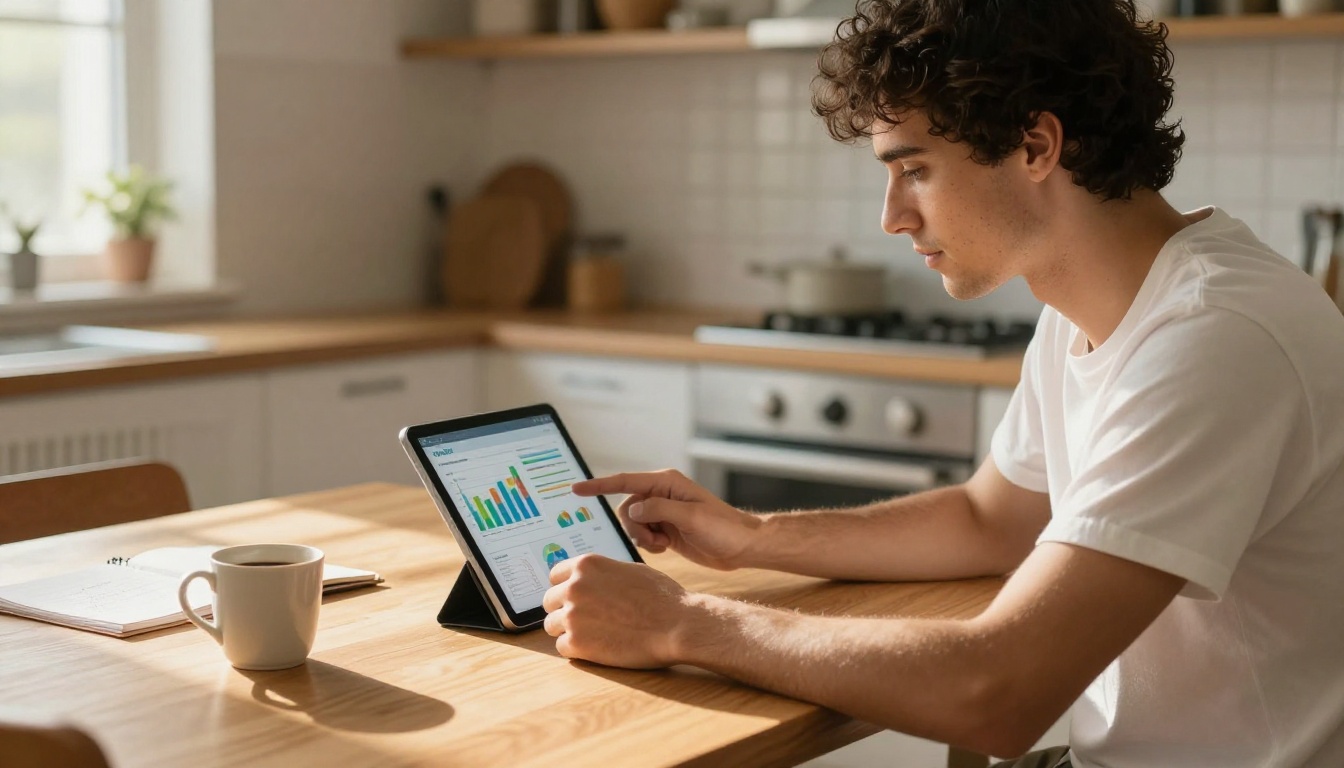 Small business owner reviewing AI analytics on tablet at kitchen table