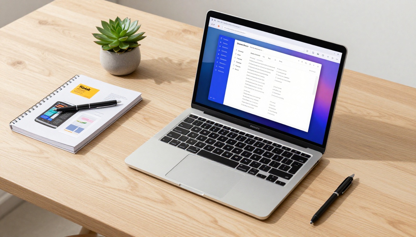 Flat lay of wooden desk with MacBook showing AI content interface and product packaging