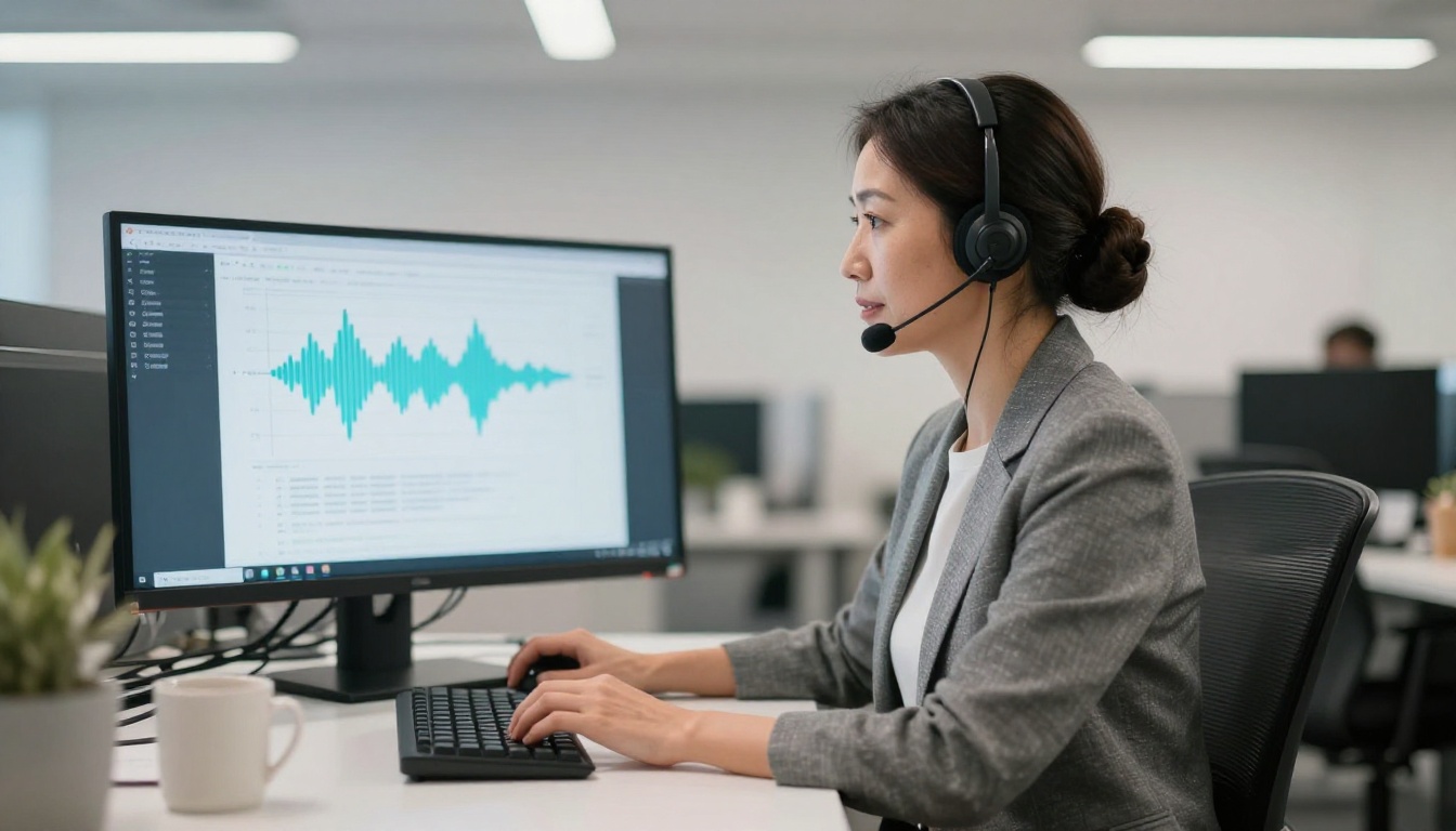 Woman small business owner with microphone headset in co-working space with waveform on monitor