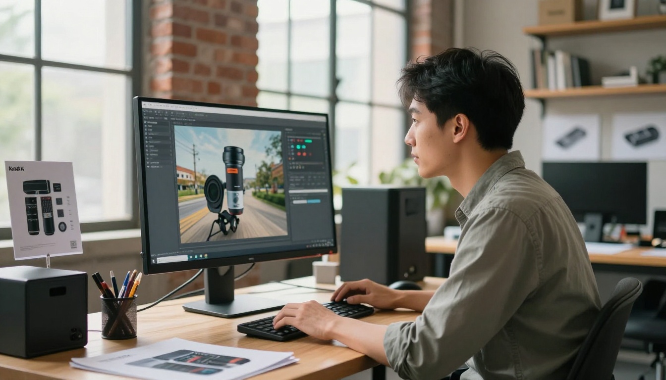 Entrepreneur reviewing AI-generated product images on widescreen monitor in loft studio