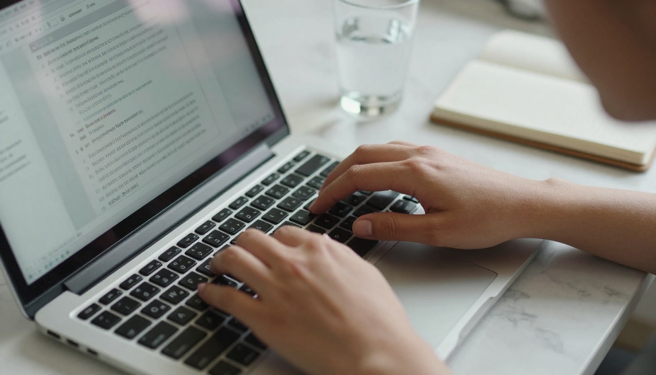 Close-up of female hands typing on laptop with AI content writing tool on screen