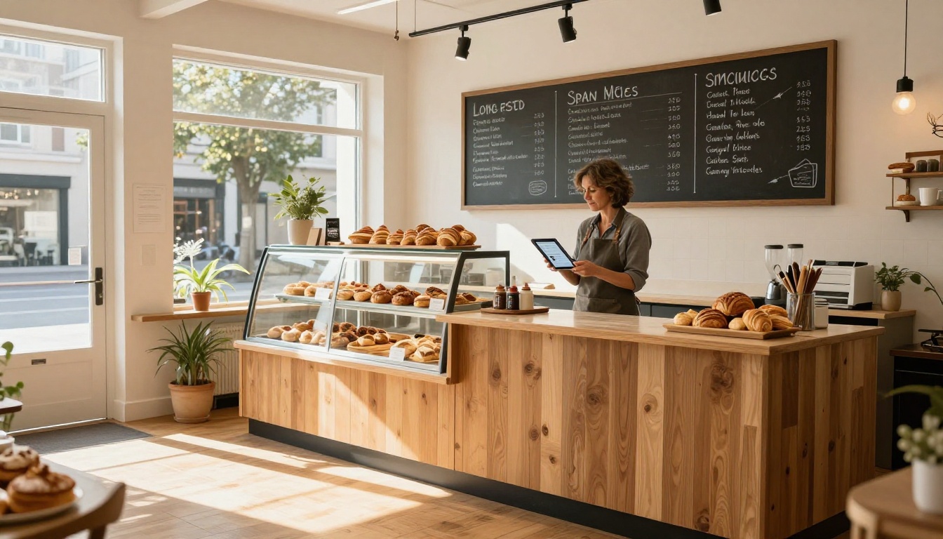 Bakery owner with tablet browsing AI social media tool, fresh pastries on counter with chalkboard menu