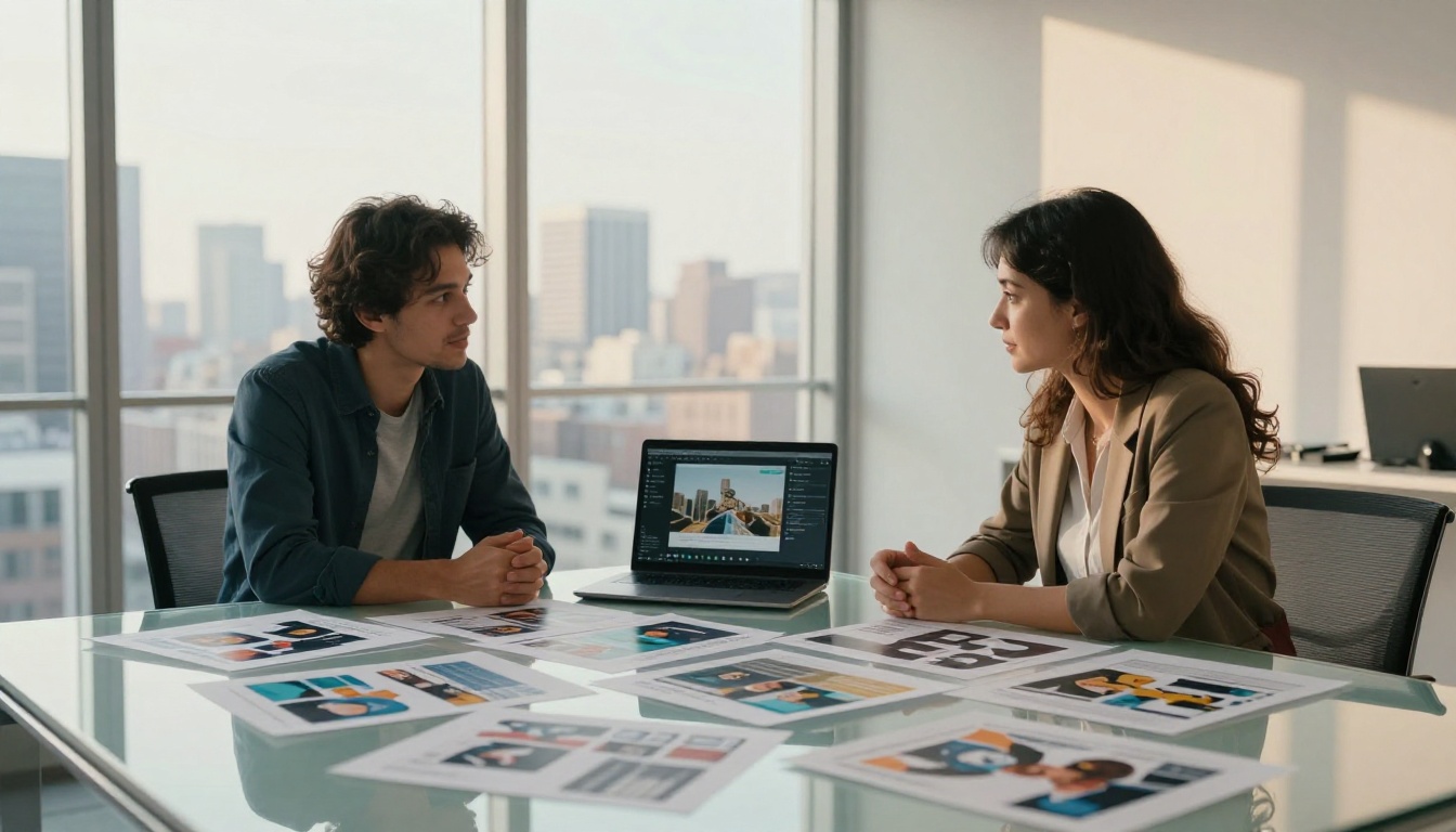 Two small business partners reviewing AI-generated marketing visuals in bright boardroom