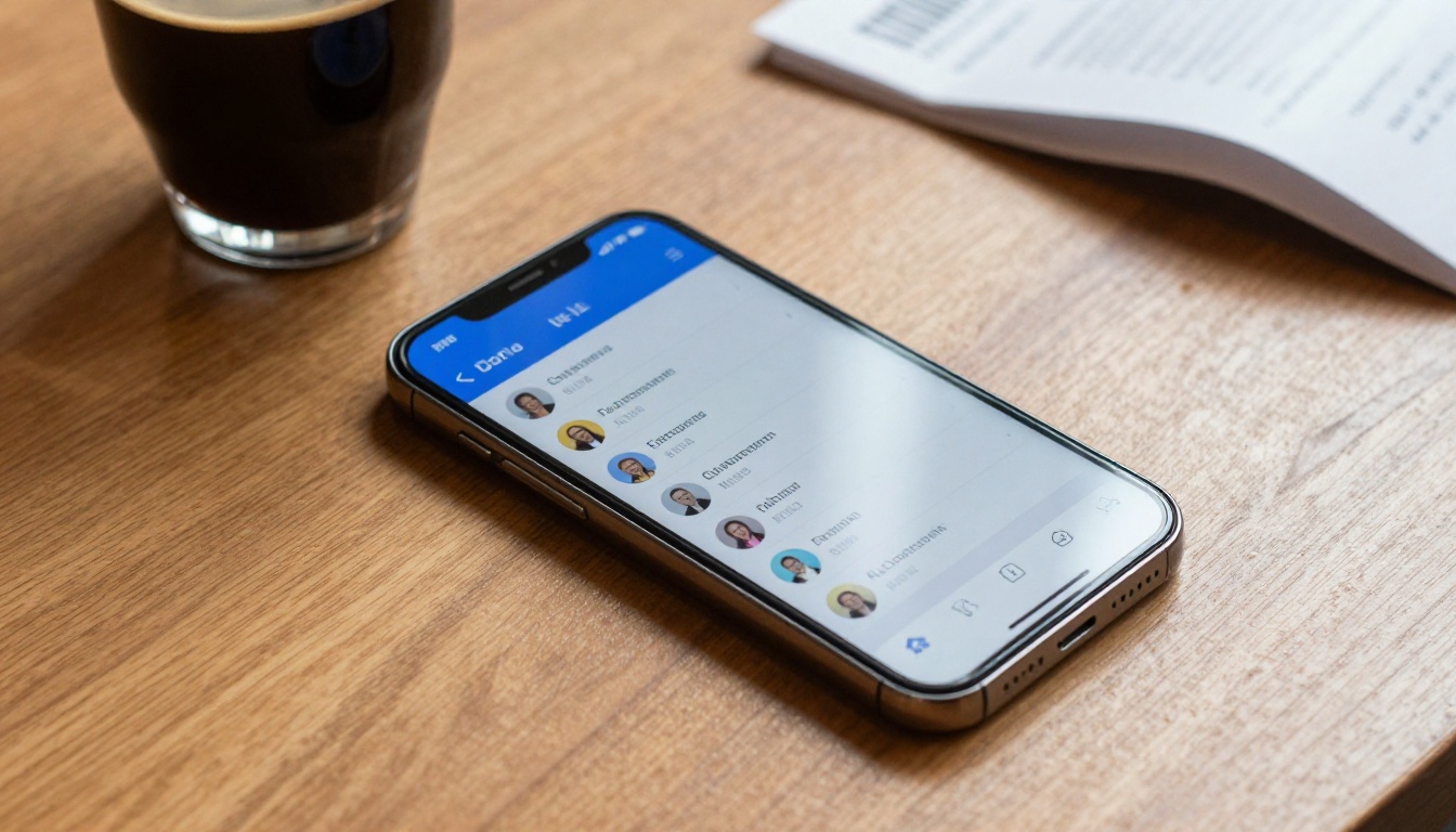 Aerial view of smartphone on cafe table showing AI customer service chat conversation