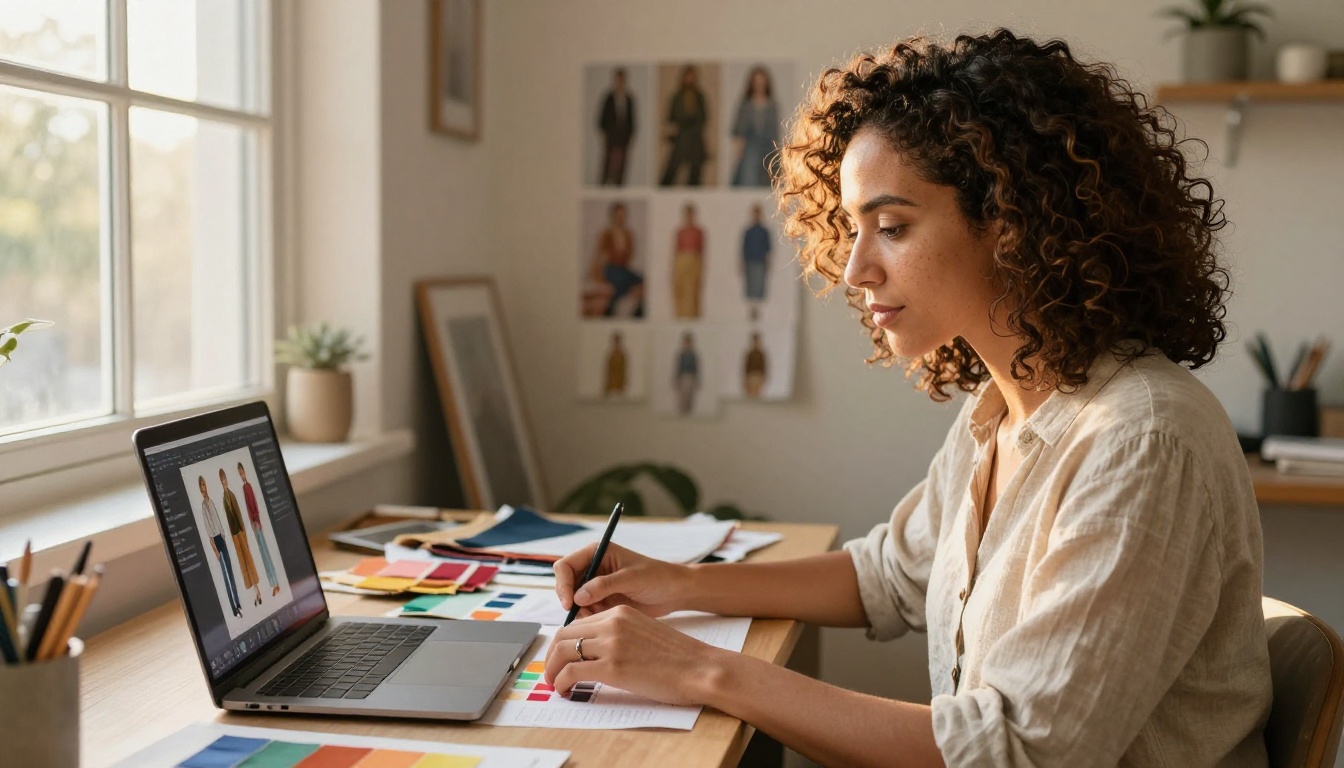 Latina woman entrepreneur working at sunlit home studio with fabric samples and AI image tool on laptop