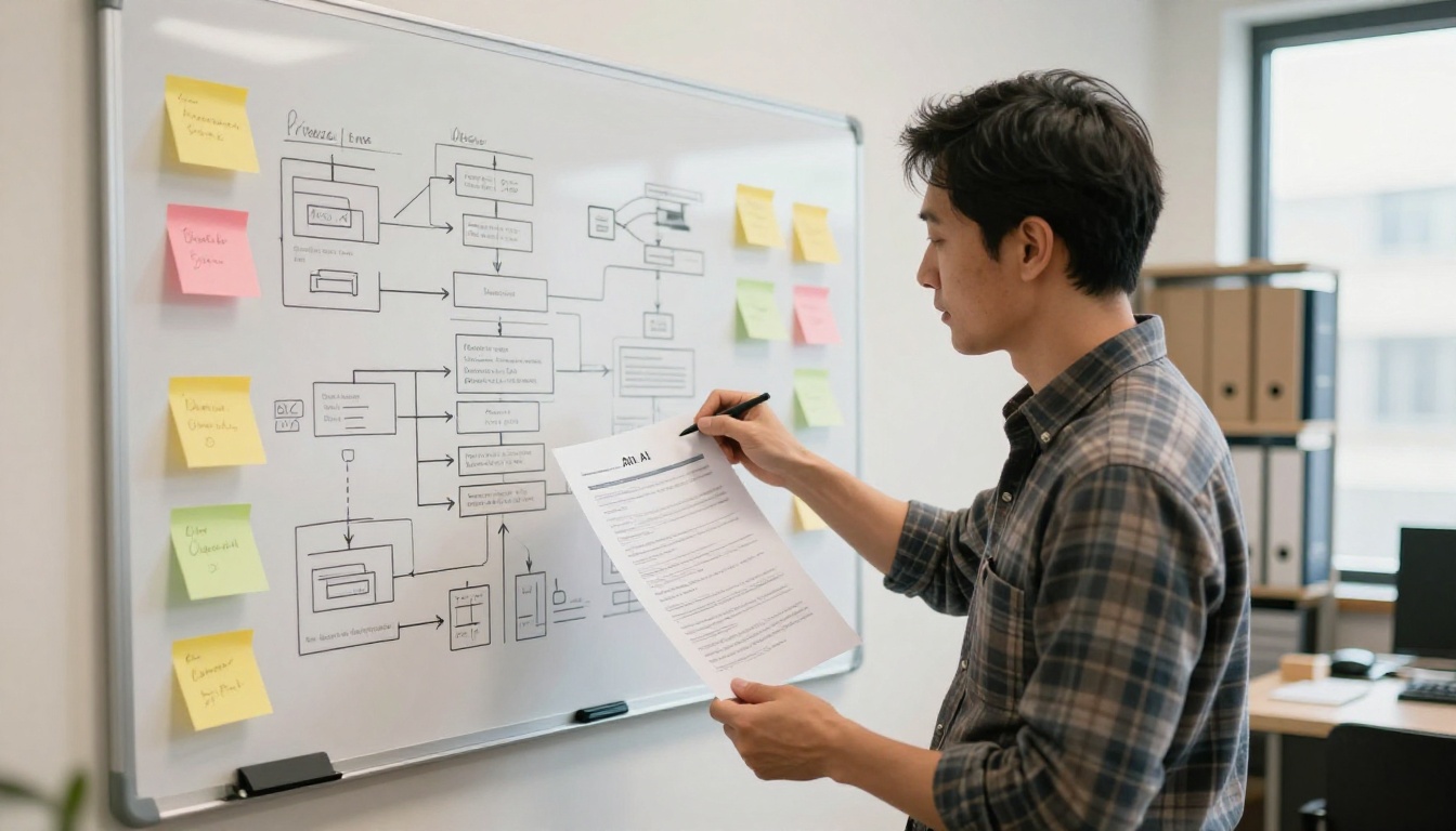 Small business owner standing in front of whiteboard with AI-generated marketing report