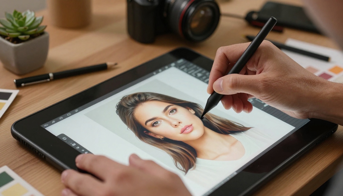 AI background removal workflow on a drawing tablet with stylus