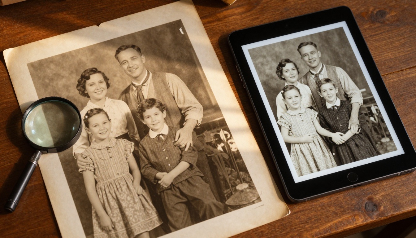 Vintage photograph restoration showing AI before-and-after results