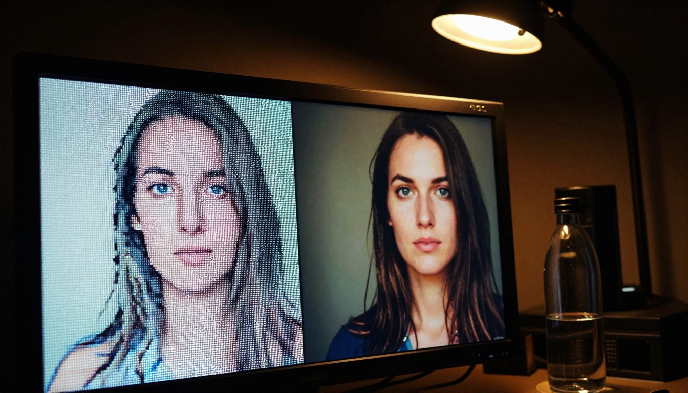 Before-and-after monitor comparison of AI image upscaling