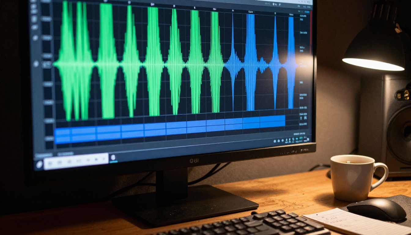 Audio waveform visualization on a professional studio monitor screen