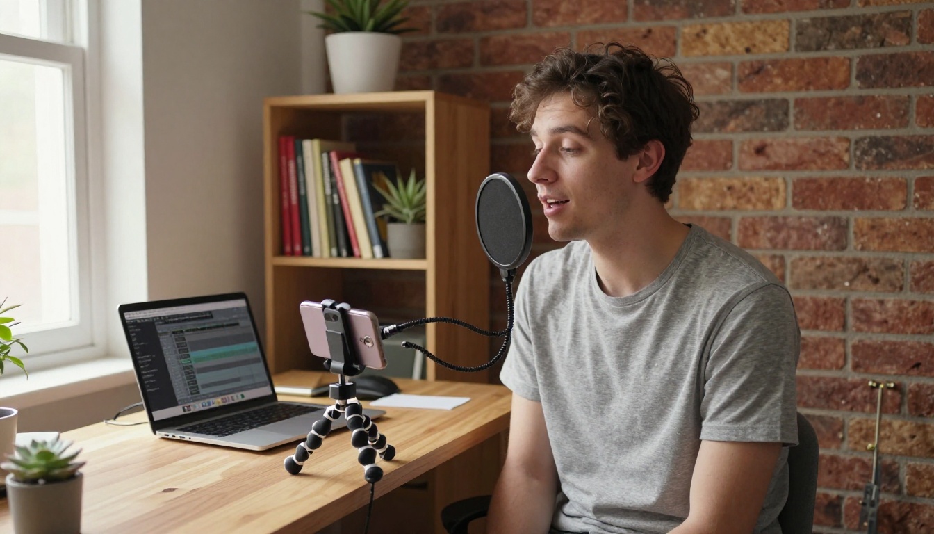Young man recording voice at a home desk setup with smartphone microphone