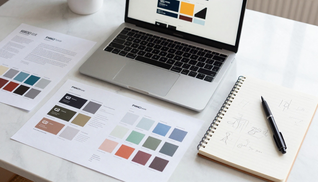 Designer workspace with brand identity documents and logo sketches spread on a marble surface