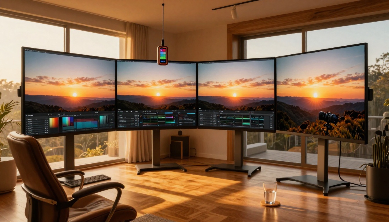 Professional color grading workspace with ultrawide curved monitor Professional color grading workspace with ultrawide curved monitor