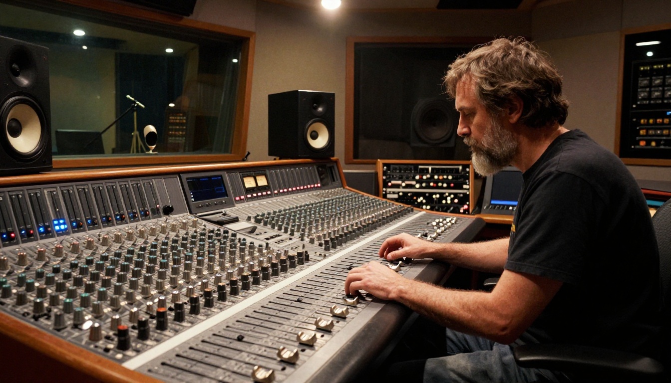 Experienced audio engineer seated at a large SSL mixing console in a professional studio