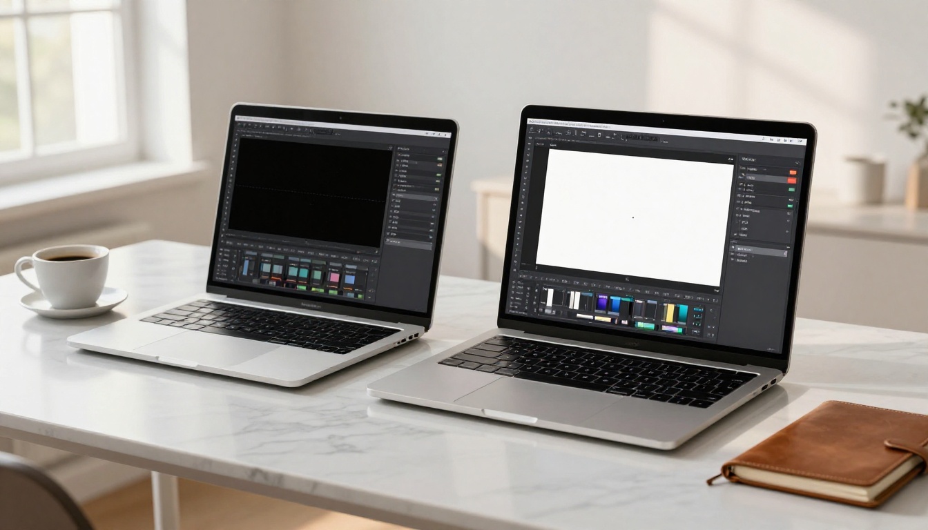 Two laptops showing traditional software versus AI editing interface Two laptops showing traditional software versus AI editing interface