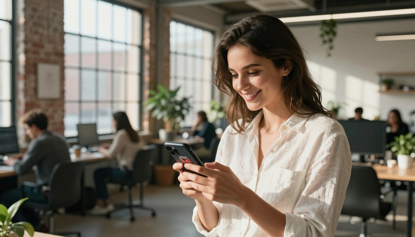 Young woman smiling at smartphone showing logo options in a bright modern co-working space
