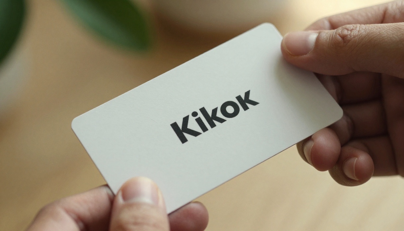 Close-up of a hand holding a white business card with a clean minimal logo, natural light, paper texture detail
