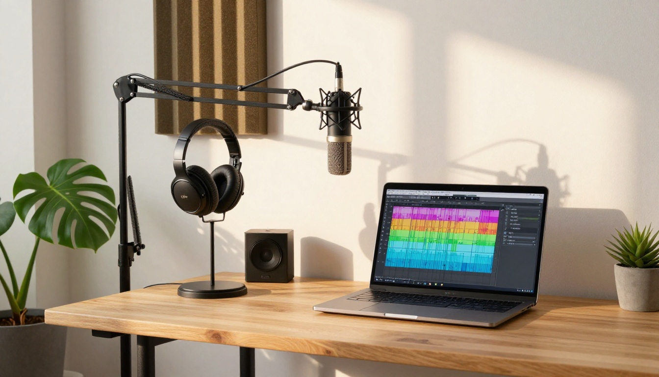 Clean podcast recording desk setup with USB microphone and laptop