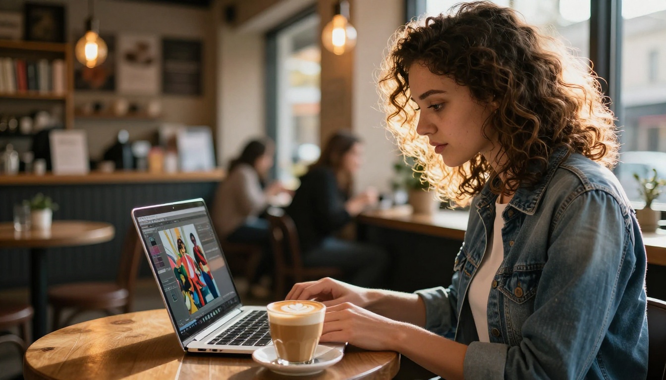 Young creative woman editing photos on a laptop at a coffee shop Young creative woman editing photos on a laptop at a coffee shop