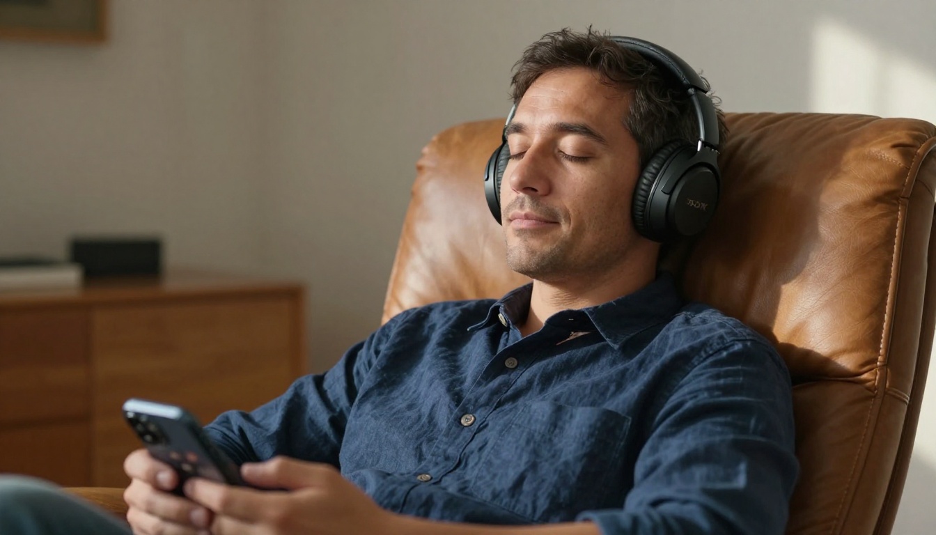 Man relaxing in a leather armchair wearing quality over-ear headphones, eyes closed Man relaxing in a leather armchair wearing quality over-ear headphones, eyes closed