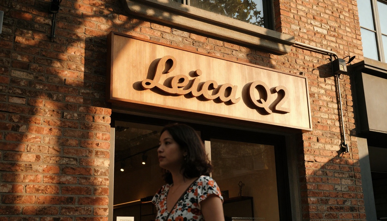 Small boutique storefront with a logo sign in warm golden hour sunlight, brick facade, blurred pedestrian in foreground