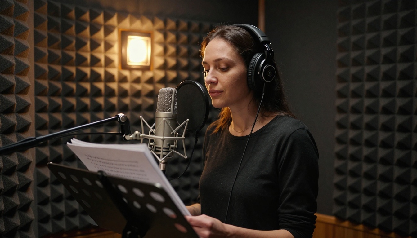 Voice actor standing at a microphone inside a soundproofed vocal recording booth Voice actor standing at a microphone inside a soundproofed vocal recording booth