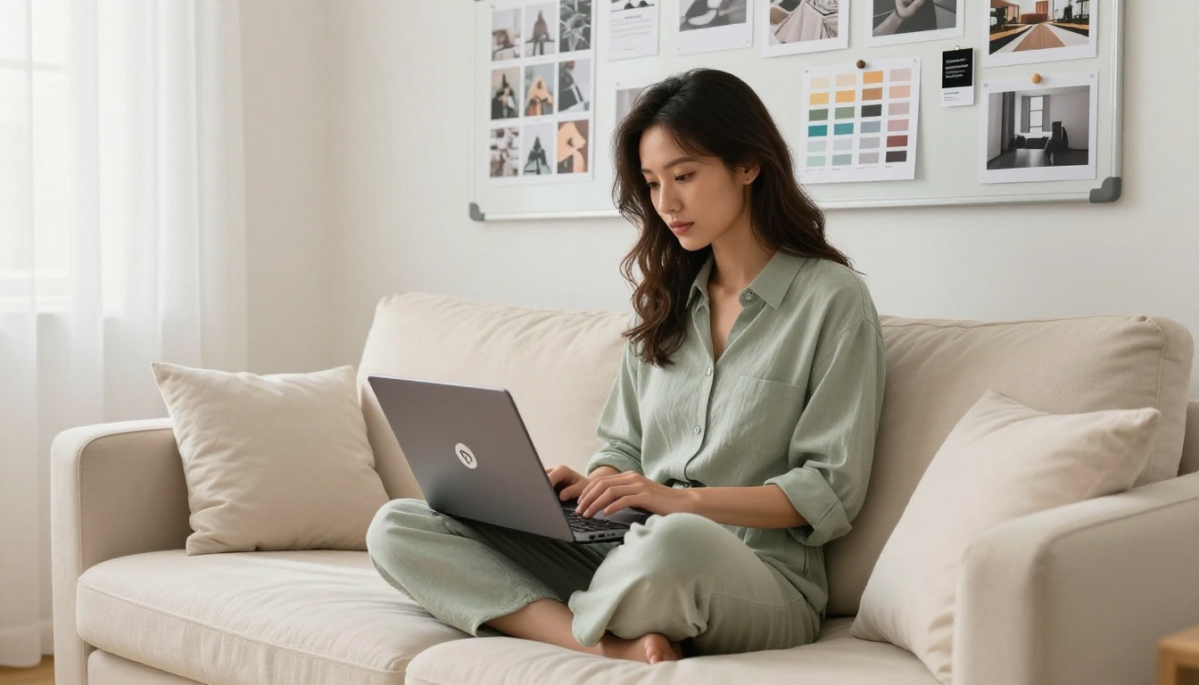 Stylish woman entrepreneur sitting cross-legged on a cream sofa with laptop showing a logo interface, mood board behind her