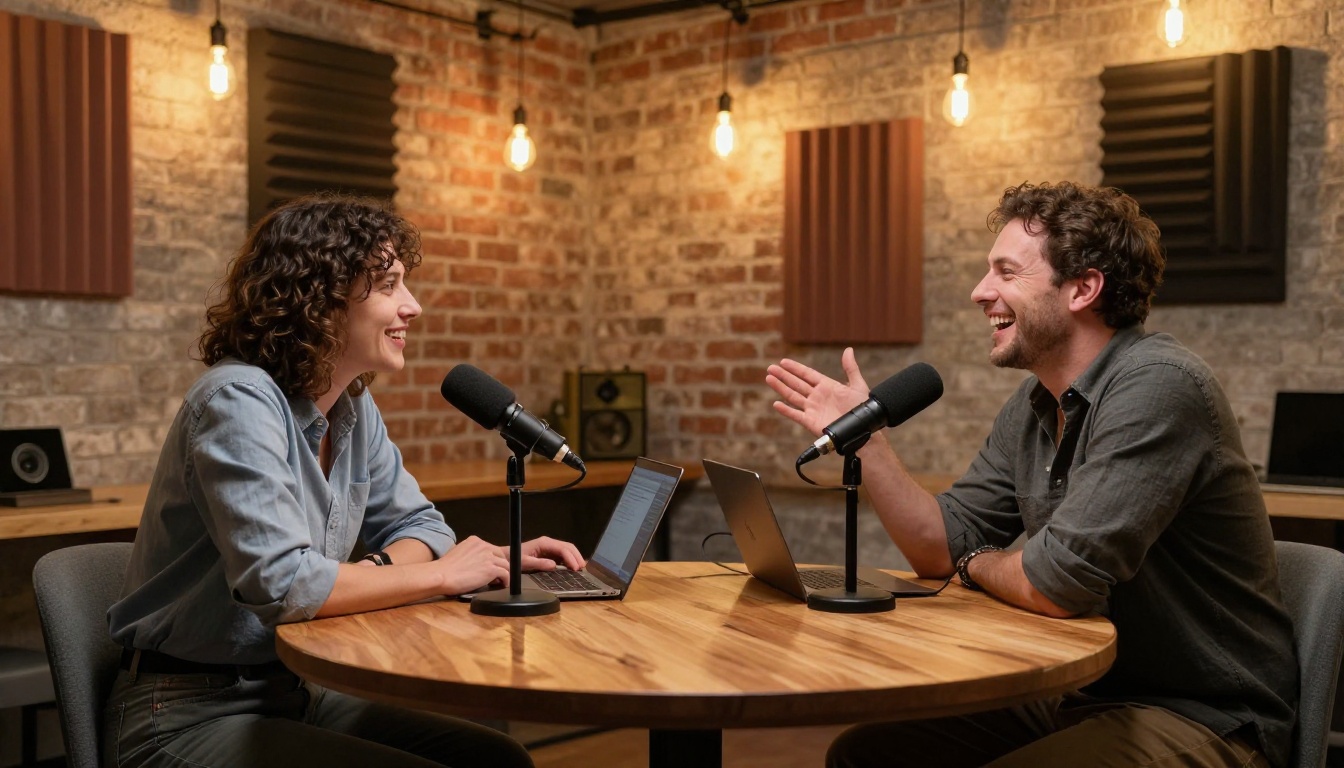 Two podcast hosts in natural conversation at a round wooden table with microphones Two podcast hosts in natural conversation at a round wooden table with microphones